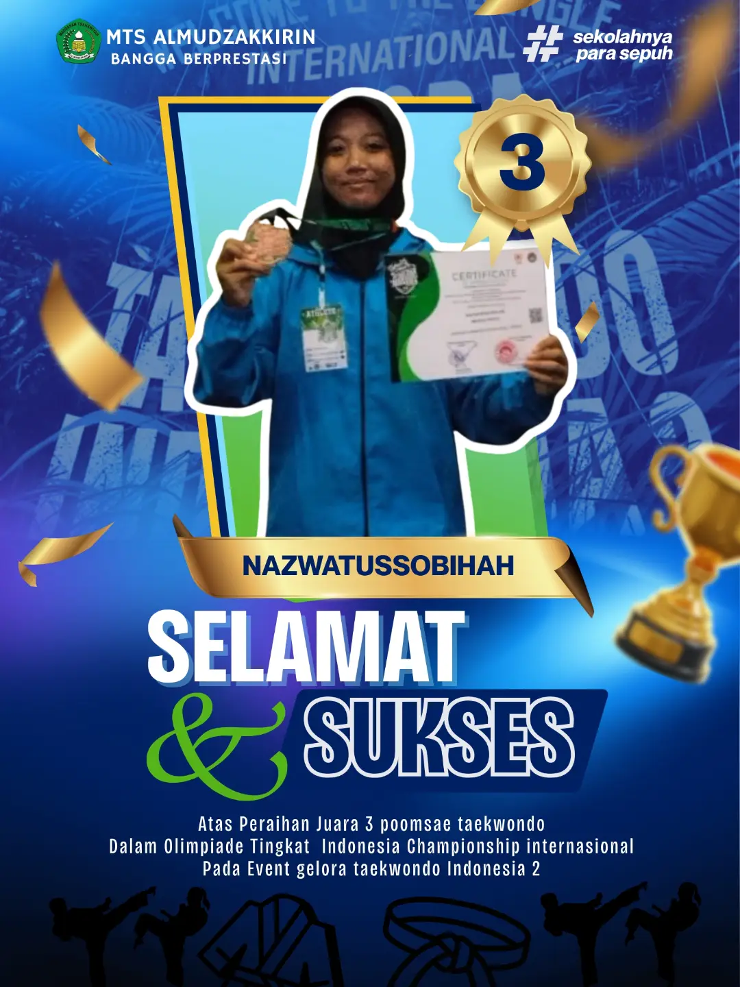 Nazwatussobihah Raih Juara 3 Poomsae Taekwondo Indonesia Championship International 2